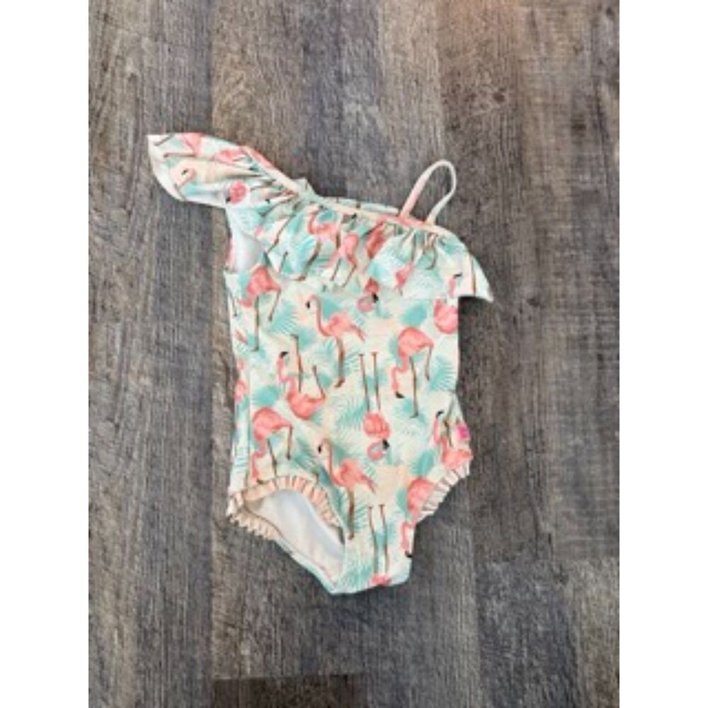 RuffleButts Girls 4T Flamingo Tropical Ruffle One Piece Swimsuit Aqua Pink